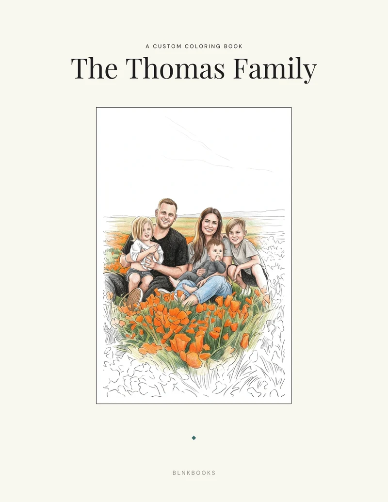 A custom coloring book whose cover art was drawn from a photo of a family sitting in a field of poppies