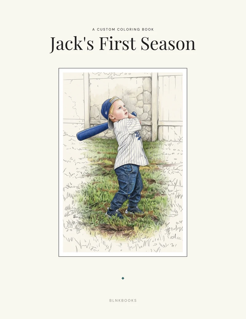A custom coloring book whose cover art was drawn from a photo of a child at bat