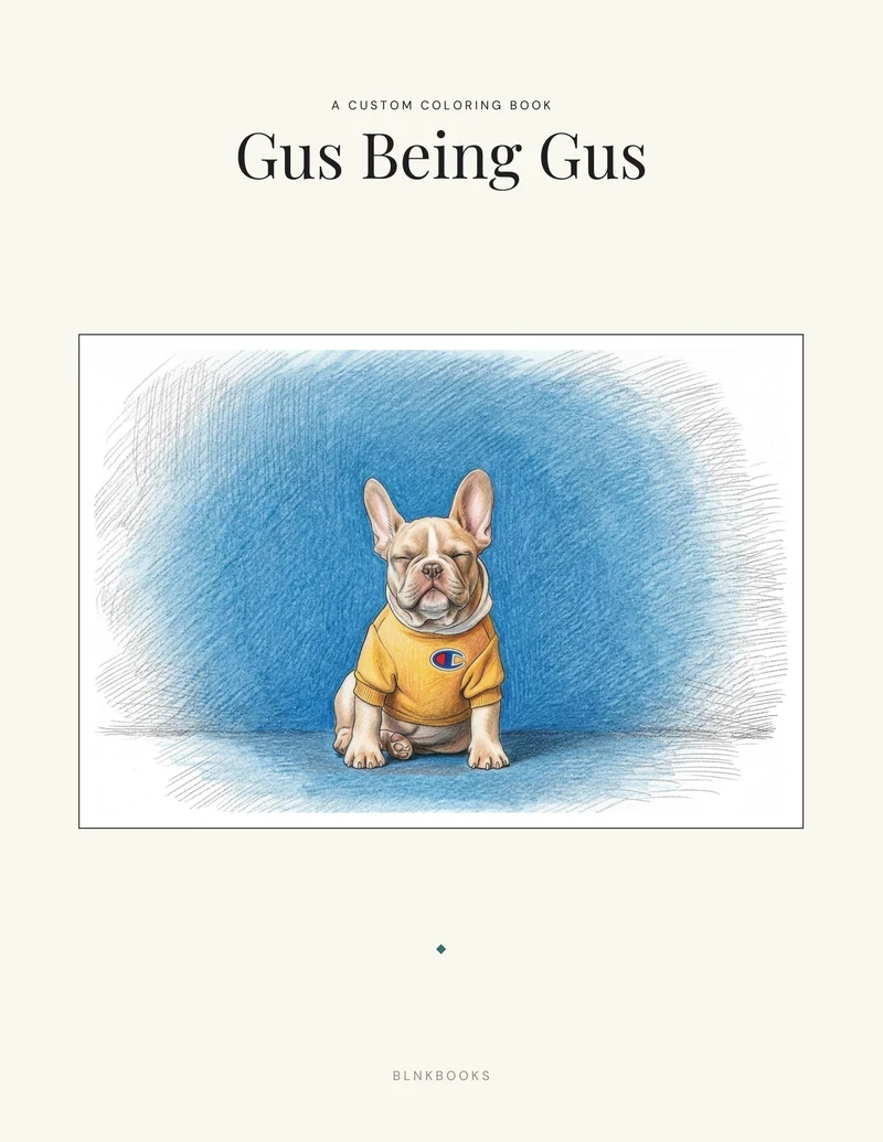 A custom coloring book whose cover art was drawn from a photo of the family dog